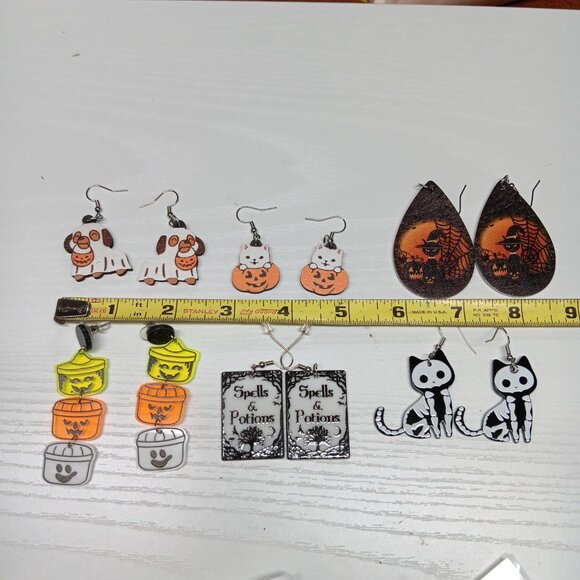Halloween Earring Lot of 6 Gothic Black Cat Skeleton Pumpkin Ghost Dog Cat Spell - Picture 6 of 8